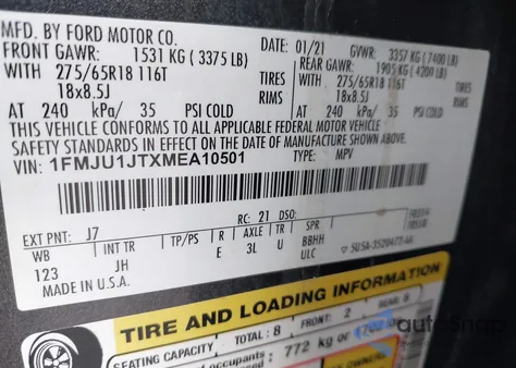 2021 Ford Expedition Xlt из США, поврежденный, VIN 1FMJU1JTXMEA10501